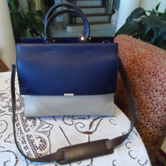 New Victoria Beckham Navy Blue/Light Gray Calf Leather Top Handle Bag - Picture 1 of 16
